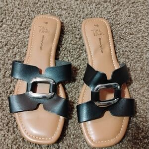 Time and Tru Black Slide Sandals with Silver Buckle